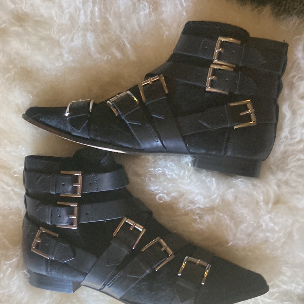 Ash Pony hair strap punk monk buckle silver black leather booties boots ankle 8 - Picture 5 of 6